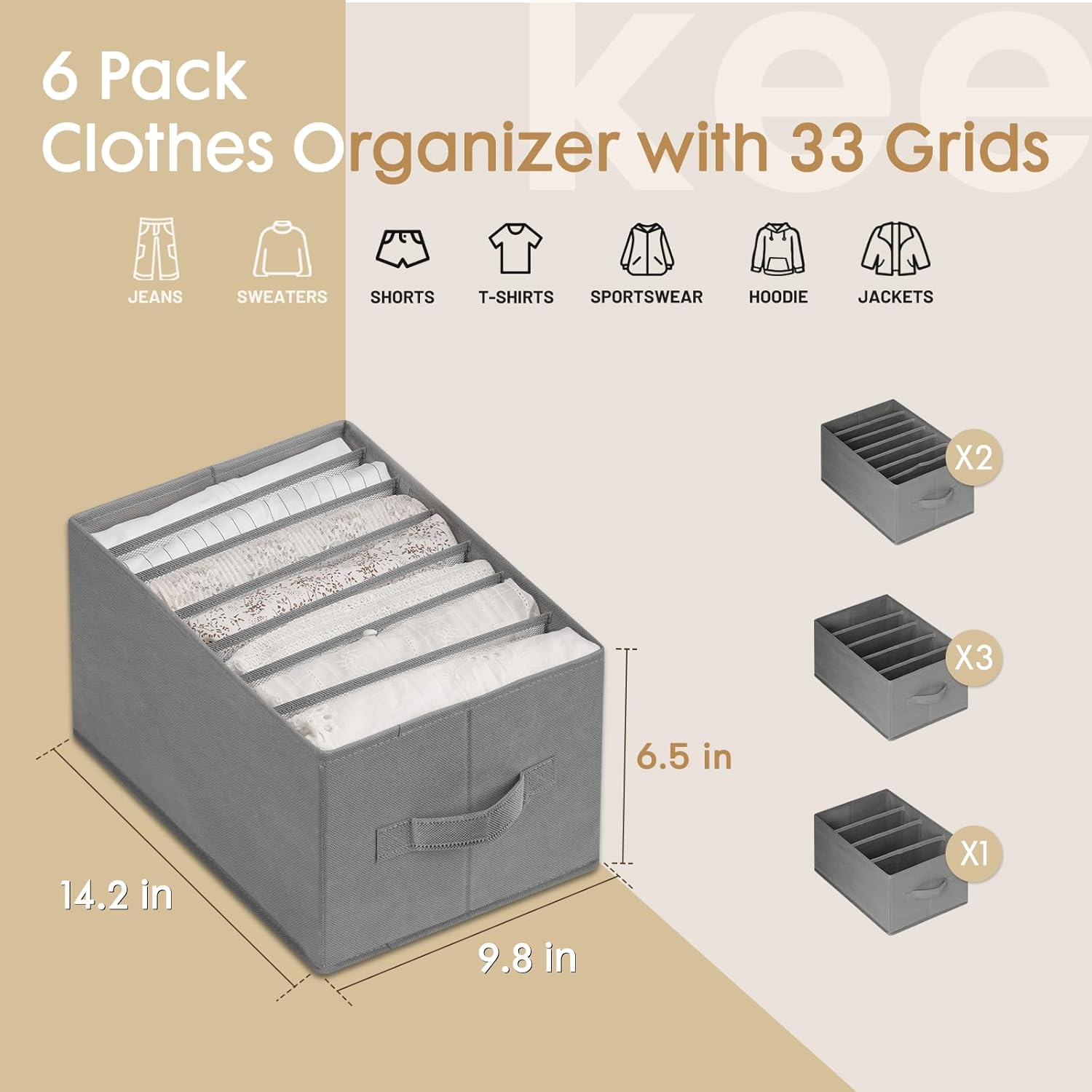 Six-Piece Grey Fabric Organisers